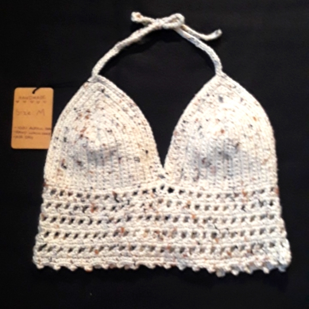 Handmade Crochet Corset back Brallete Tan Tweed color Size medium